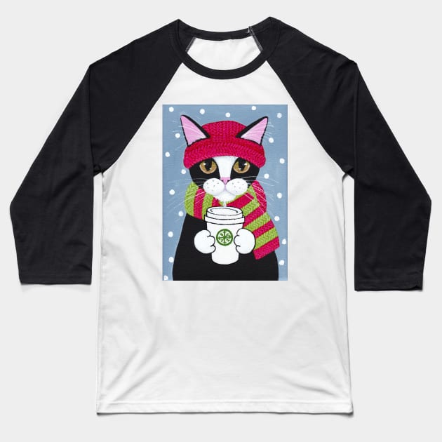 Winter Coffee Tuxedo Cat Baseball T-Shirt by KilkennyCat Art